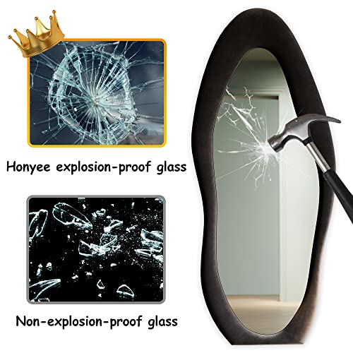 Honyee Full Length Mirror, 63" x 24" Wall Mirror, Flannel Wrapped Wooden Frame Floor Mirror, Irregular Wavy Mirror Hanging or Leaning Against Wall for Cloakroom/Bedroom/Living Room, Milk Tea