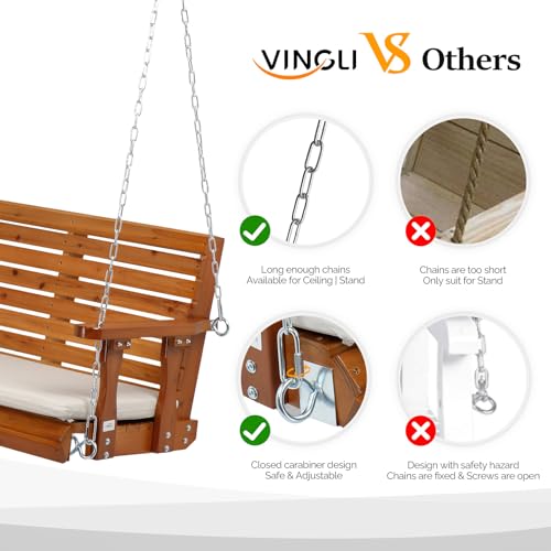 VINGLI Heavy Duty 880 LBS Patio Wooden Porch Swing Outdoor with Extra Cushion, Farmhouse Hanging Bench Tree Swing with Adjustable Chains for Yard | Garden | Lawn | Balcony (5 FT, Rustic)