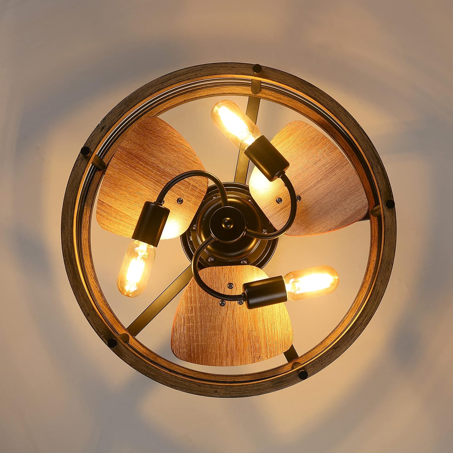 20-inch Industrial Caged Ceiling Fan with Lights Remote Control, Reversible,Modern Enclosed Bladeless Ceiling Fan Indoor, Rustic Vintage Metal Cage Fandelier Ceiling Fan (Mesh,Bulbs Included)