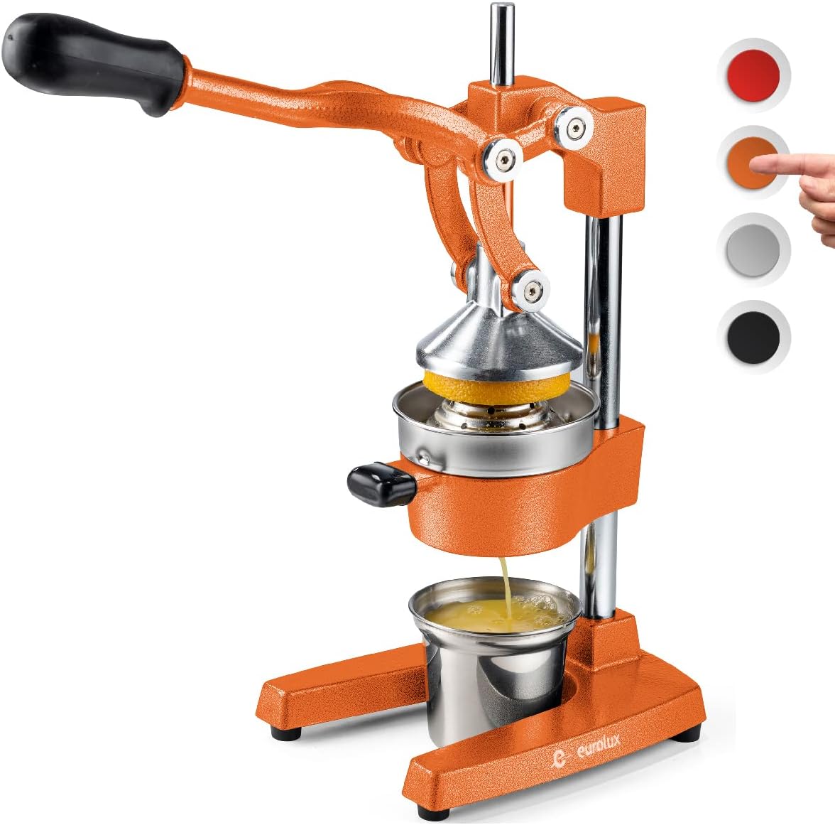 Eurolux Cast Iron Citrus Juicer | Extra-Large Commercial Grade Manual Hand Press | Heavy Duty Countertop Squeezer for Fresh Orange Juice (Bonus Stainless Steel Cup) (Red)