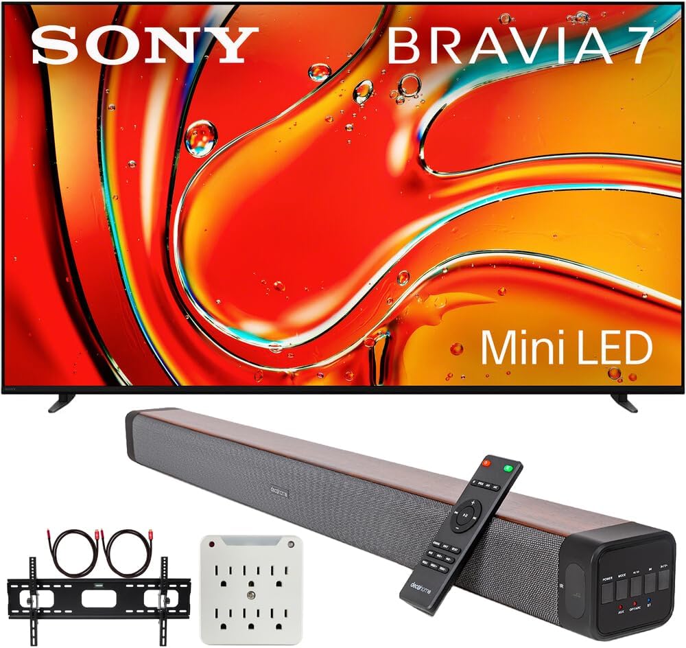 Sony BRAVIA 7 K75XR70 75" 4K HDR Smart QLED Mini-LED TV (2024) Bundle with Premium Deco Gear 60W 2.0 CH Soundbar + Deco Mount 37"-100" TV Wall Mount Bracket with Cleaning Kit + 6-Outlet Surge Adapter