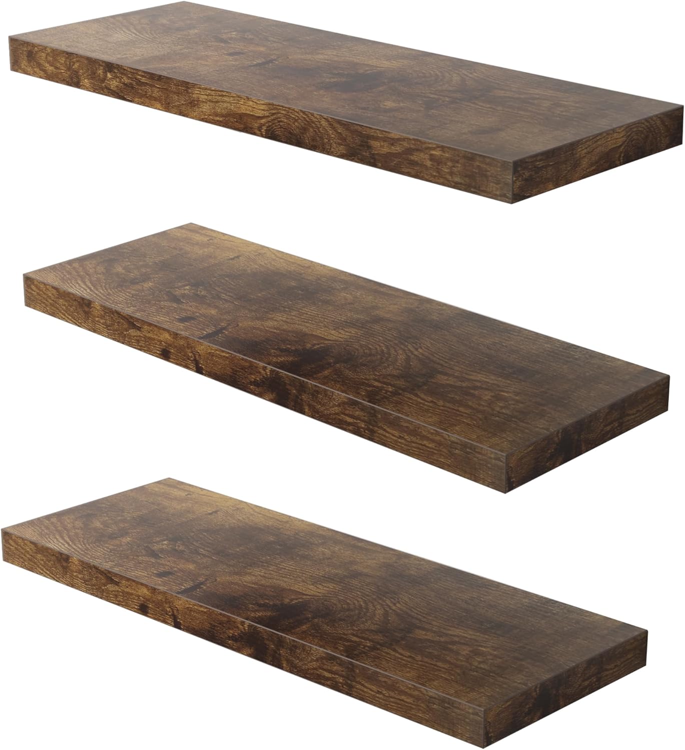 Wall Shelf of Set 3, Floating Shelves 24 in W x 12.75 in D x 2 in H, Wooden Floating Wall Shelf with Invisible Brackets for Living Room/Bedroom/Bathroom/Kitchen Storage and Decor, Rustic Brown
