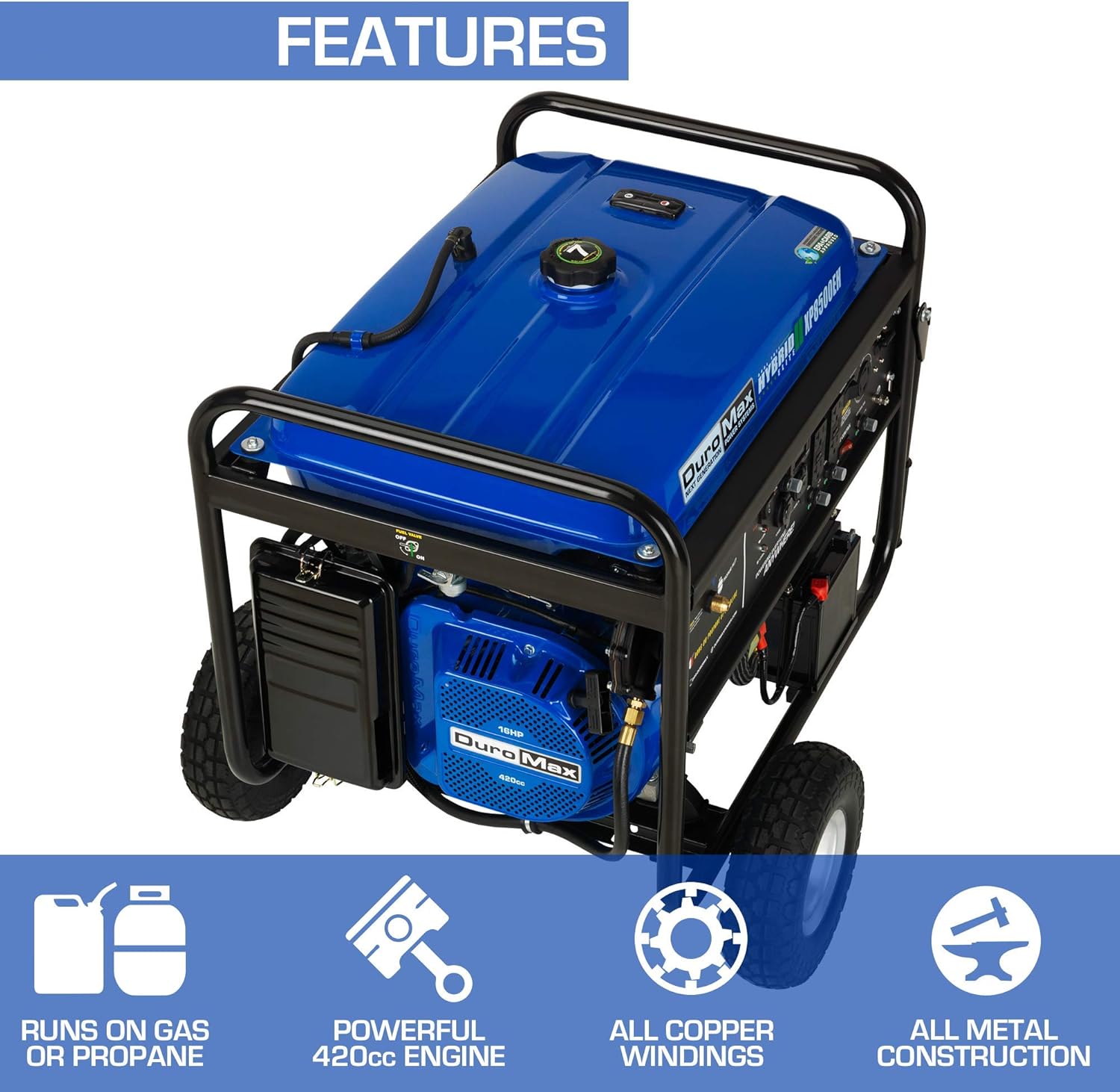 DuroMax XP4400EH Dual Fuel Portable Generator-4400 Watt Gas or Propane Powered Electric Start-Camping & RV Ready, 50 State Approved, Blue and Black