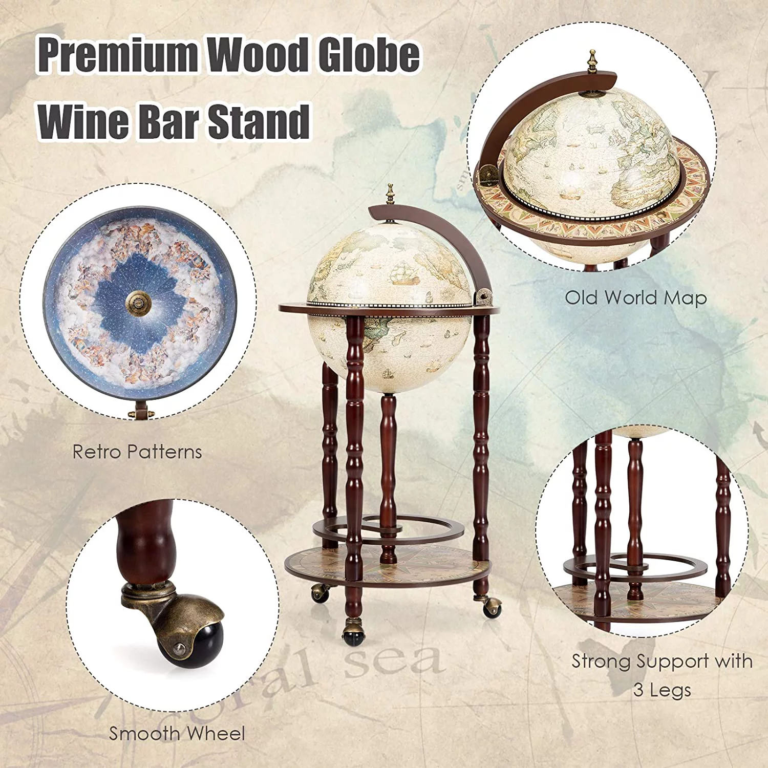17.5” Globe Bar, Wood Globe Bar Cart with Wheels & Liquor Bottle Shelf, 16th Century Italian Replica Liquor Cabinet, for Living Room, Dining Room, Home, Creamy White