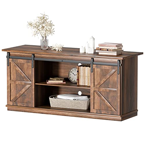 YESHOMY Farmhouse TV Stand for Televisions up to 65 Inches, Sliding Barn Doors and Storage Cabinets, Console Table and Media Furniture for Living Room, 58 Inch, Milk White
