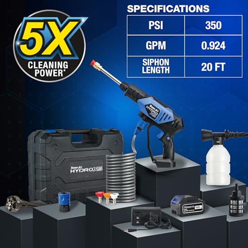 Ontel Turbo Jet HydroX5 Pro Portable Cordless Pressure Washer (21V 3000mAh Battery), 6-in-1 Nozzle, Dual Water Source, 16ft Detachable Hose