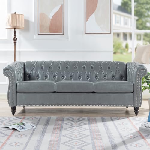 Couch, 3 Seater Sofa, Comfy PU Rolled Arm Chesterfield Couch, 84.65" Mid Century Modern Couches with Silver Studs Trim and Wooden Legs for Living Room Bed Room Apartment, Orange