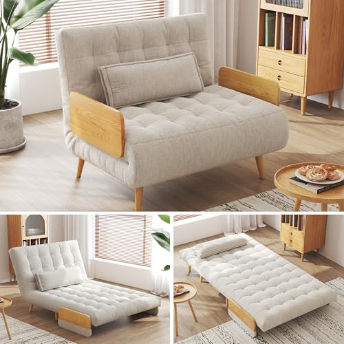 3-in-1 Convertible Chair Bed Sleeper for Adults, Linen Convertable Sleeper Chair with Wooden Arms & Pillows, Foldable Single Futon Sofa Bed (Mid Century with Walnut Arm, 36.6" Wide)