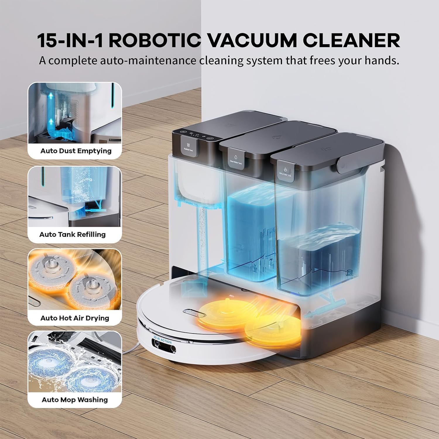 Robot Vacuum and Mop Combo Self Emptying, 5000Pa Suction Robot Vacuum and Mop, Obstacle Avoidance, Hot Air Drying, Self-Refilling, Compact Dock, 5000Pa Suction, APP Control（White）