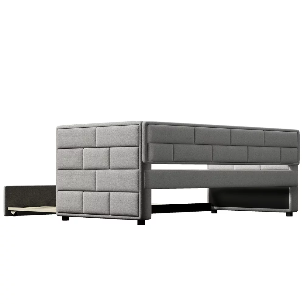 Twin Daybed with Trundle, Upholstered with Storage Drawers, Wood, No Box Spring Needed, Gray