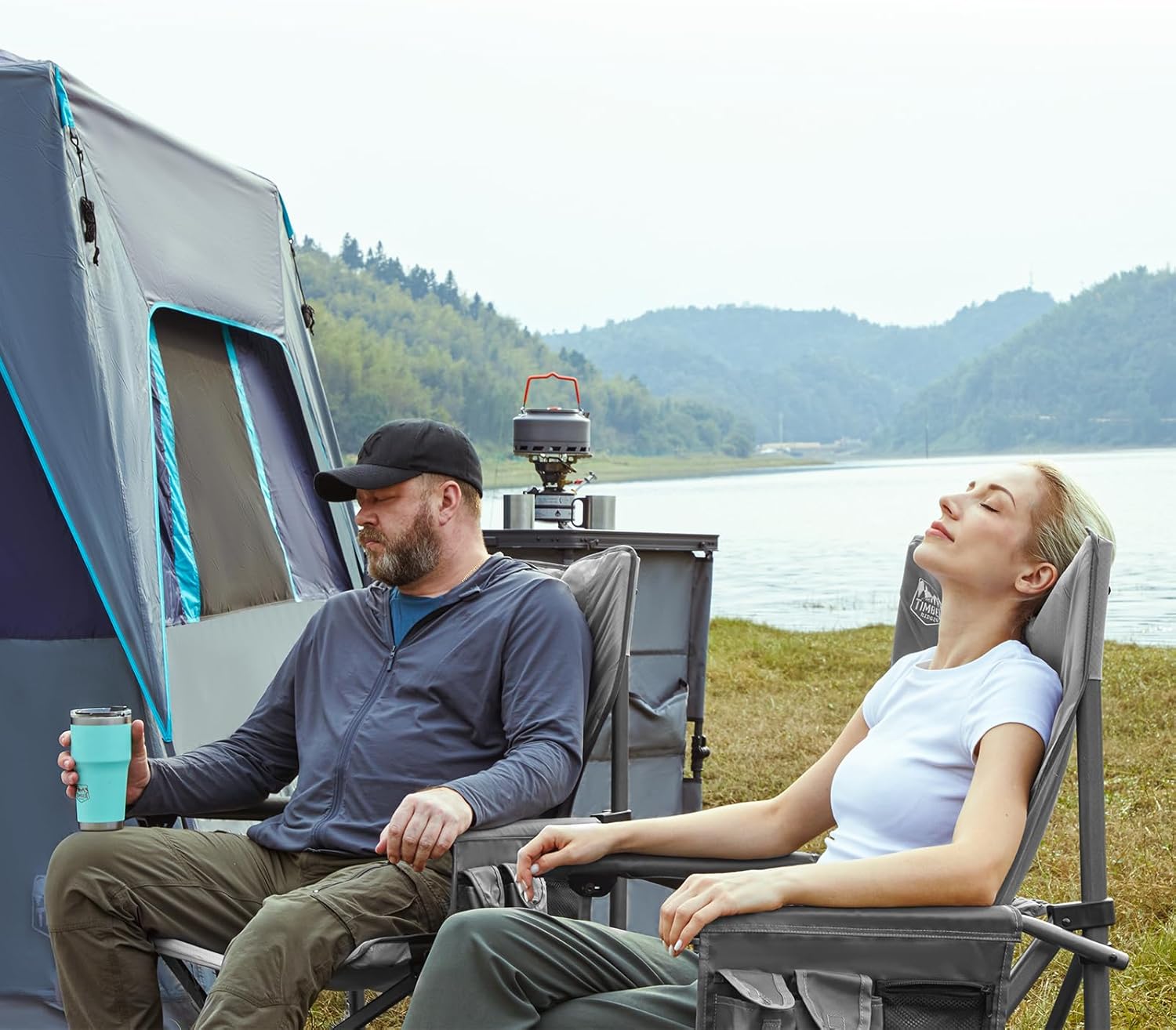 TIMBER RIDGE 400L Large Capacity Folding Double Decker Wagon Blue&Oversized Folding Camping Chair High Back Heavy Duty for Adults Support up to 500lbs