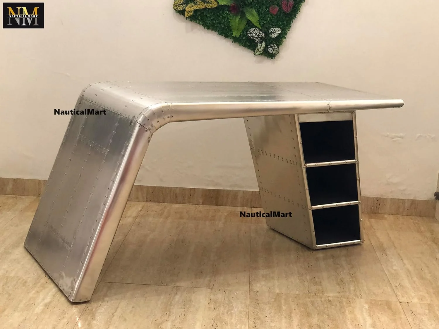 NauticalMart Aviator Wing Desk Aluminium Table Home Office Aviator Furniture Decor (with Shelves, 70 Inches)