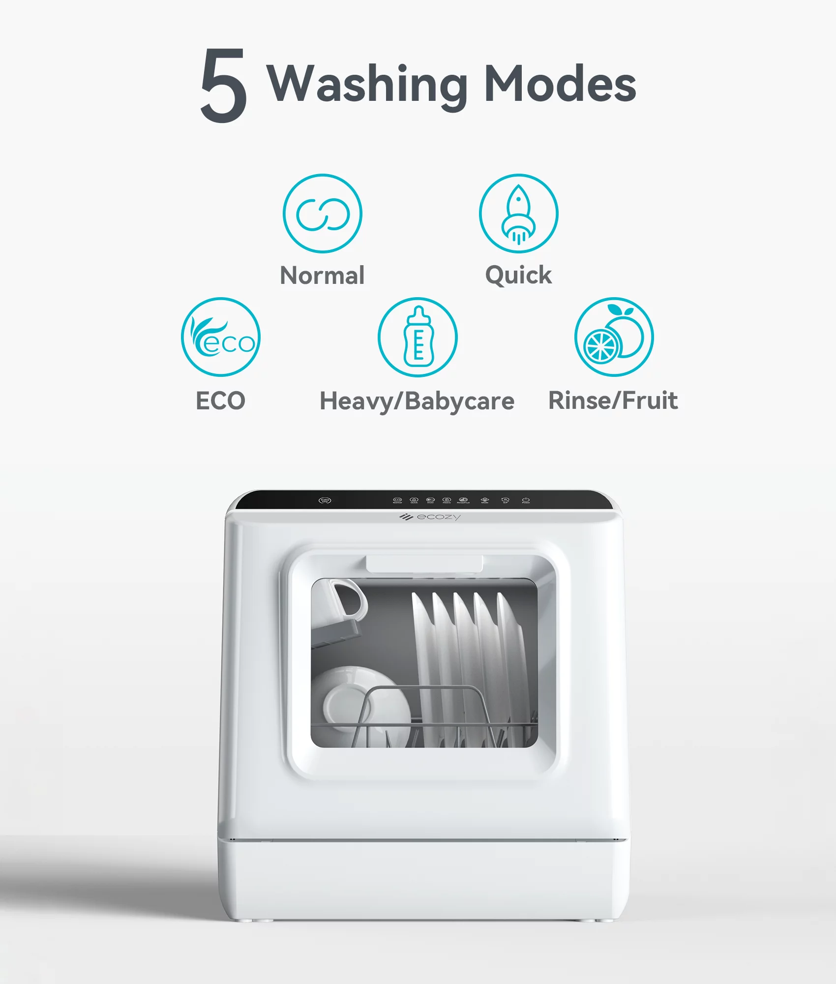 ecozy Countertop Dishwasher Portable with a Built-in 5L Water Tank, No Hookup Needed, 5 Washing Programs, Extra Dry Function, CT200A