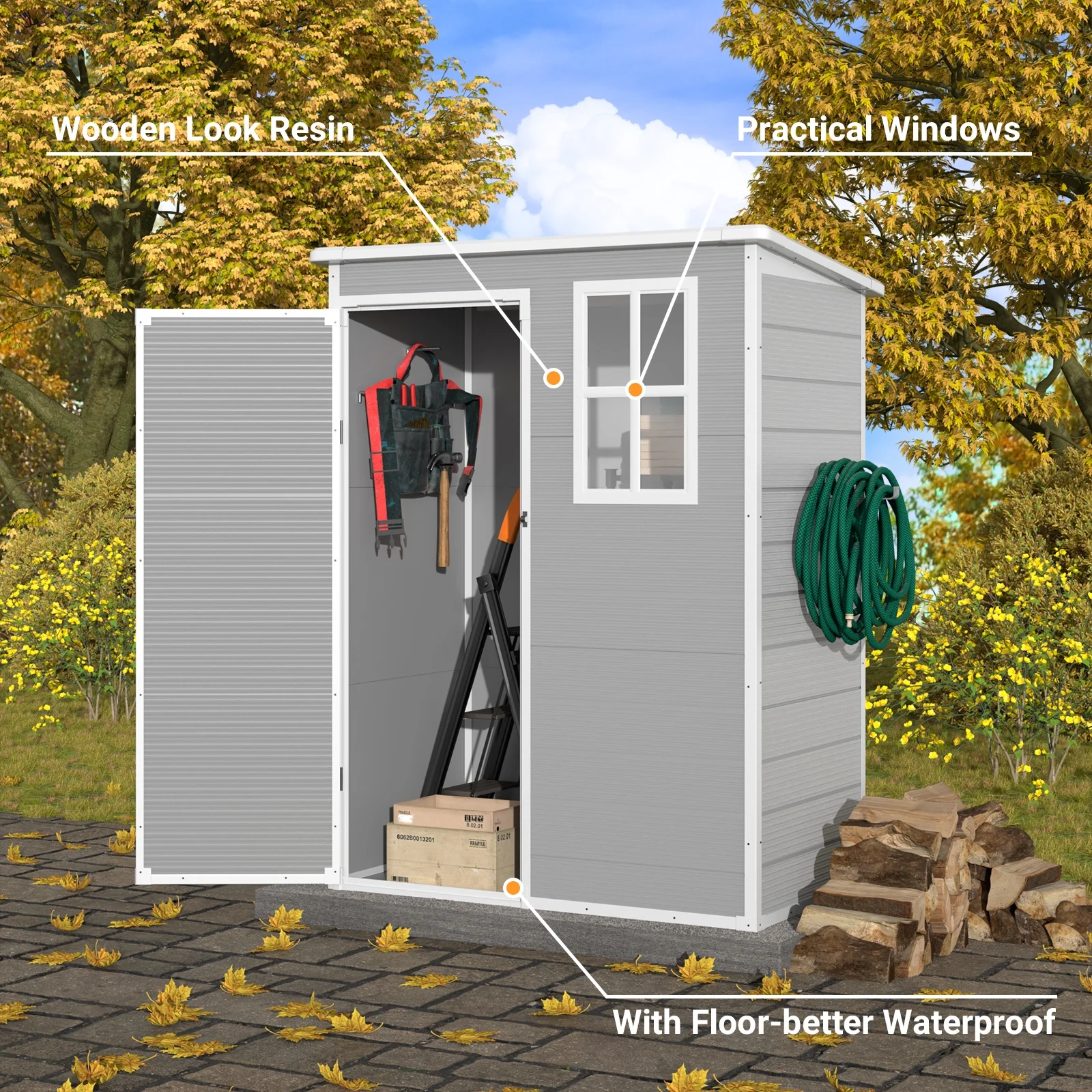 ELPOSUN Outdoor Storage Shed 5x3 FT, Resin Garden Shed for Bike, Garbage Can, Tool, Plastic Outside Sheds & Outdoor Storage Storage Box with Lockable Door for Backyard, Patio, Lawn, Grey & White