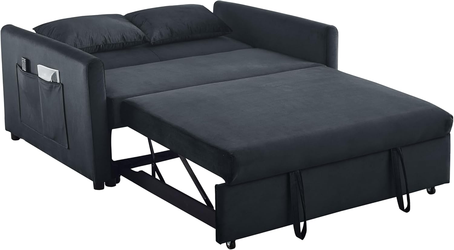 54 Inch Convertible Sleeper Sofa, 3-in-1 Versatile Velvet Loveseat with Pullout Bed, Couch with Adjustable Backrest, Lumbar Pillows and Side Pockets for Living Room Bedroom Apartment, Black