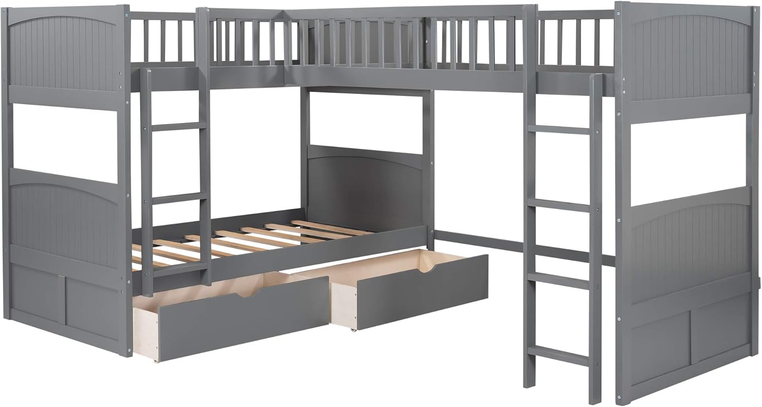 Twin over Twin L-Shaped Triple Bunk Beds with 2 Storage Drawers and 2 Ladders, Wooden Bunk Beds with a Loft Attached for 3 Kids Teens, Gray