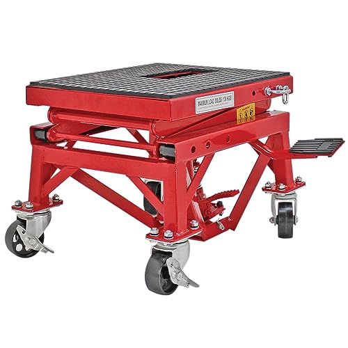 Extreme Max 5001.5083 Ultra-Stabile Hydraulic Motorcycle Lift Table with Foot Pad Lift Function - Raises Bikes from 13.25" to 34", 300 lbs. Weight Capacity, Red