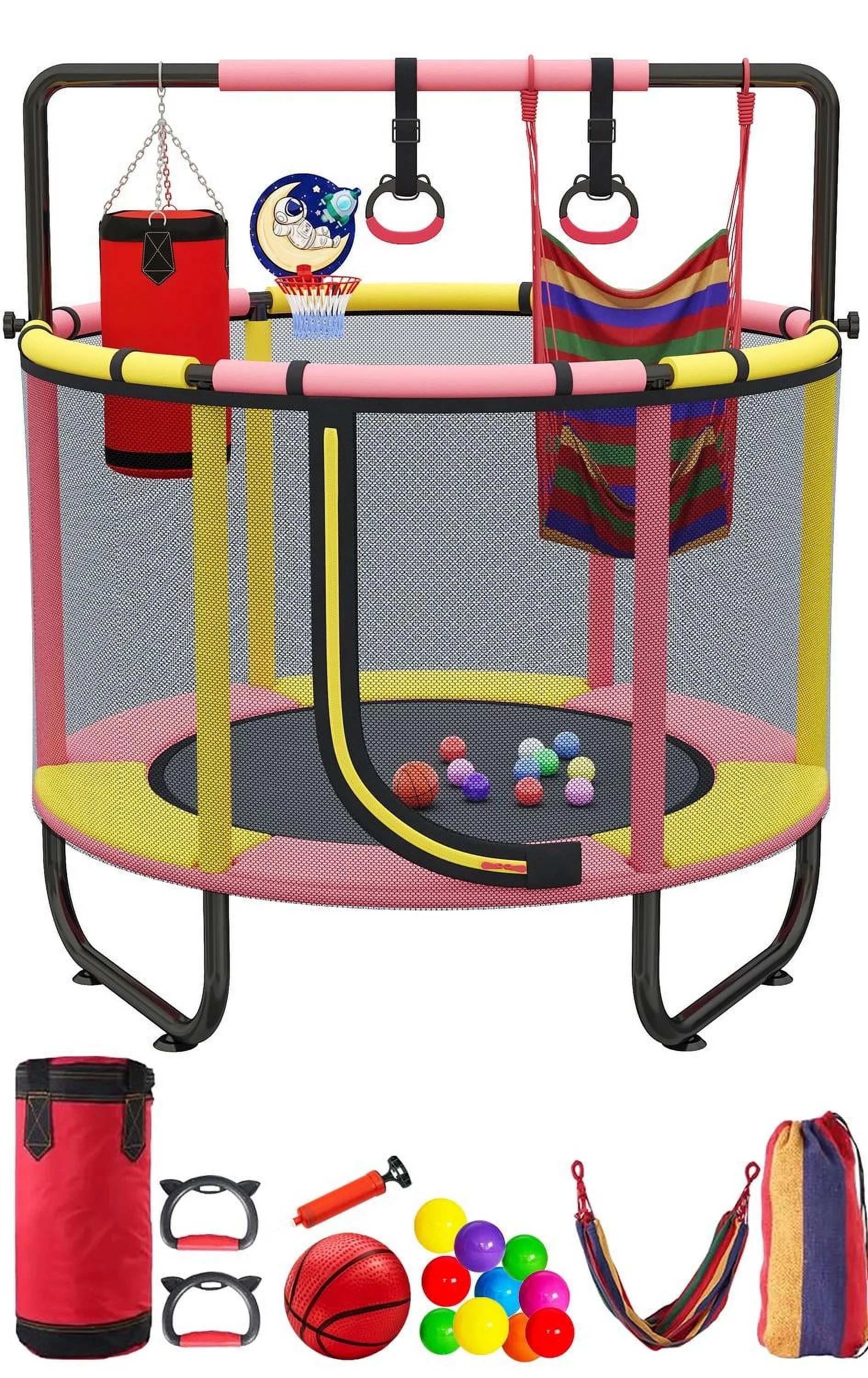 55'' Mini Trampoline for Kids, Small Toddler Trampoline with Enclosure, Indoor Outdoor Trampoline with Basketball Hoop, Adjustable Bar and Rings, Swing and Boxing Bag