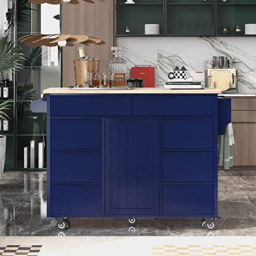 53" Mobile Kitchen Storage Islands with 8 Handle-Free Drawers Including a Flatware Organizer, Rolling Kitchen Island Cart with Storage Cabinet, Modern Kitchen Island Cart with Rubber Wood Top, White