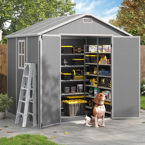 Outdoor Storage Shed, 6x6 FT Resin Shed with Floor and Lockable Door, Window, Vents, Tool Sheds and Outdoor Storage for Bike, Garden Accessories, Tools, Waterproof (Grey & White)