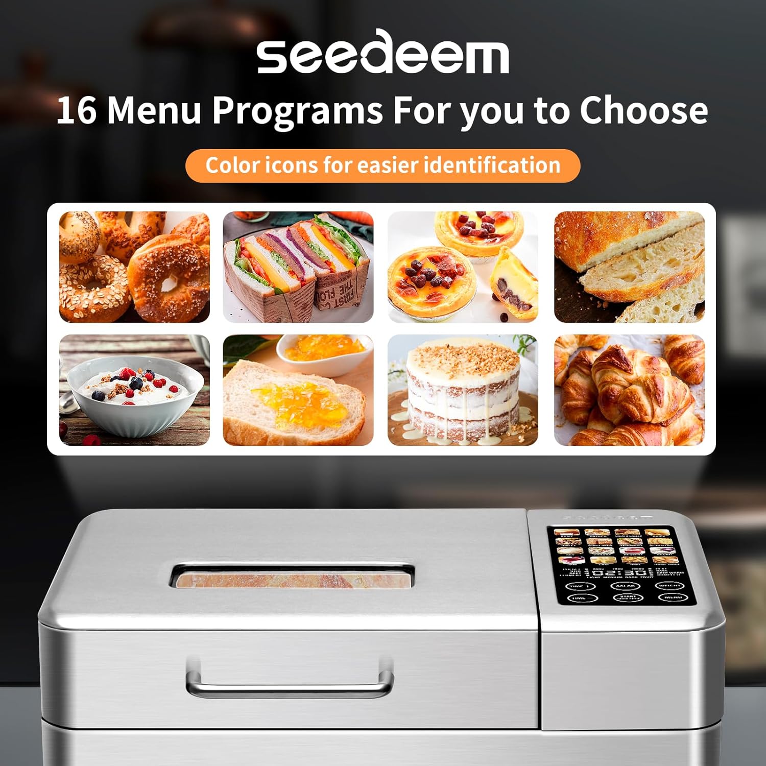 SEEDEEM 16 in 1 Bread Machine, 2.2LB Stainless Steel Bread Maker with Fruit and Nut Dispenser, Nonstick Ceramic Pan, 3 Crust Colors, 3 Loaf Sizes & Touch Panel Recipes, Silver