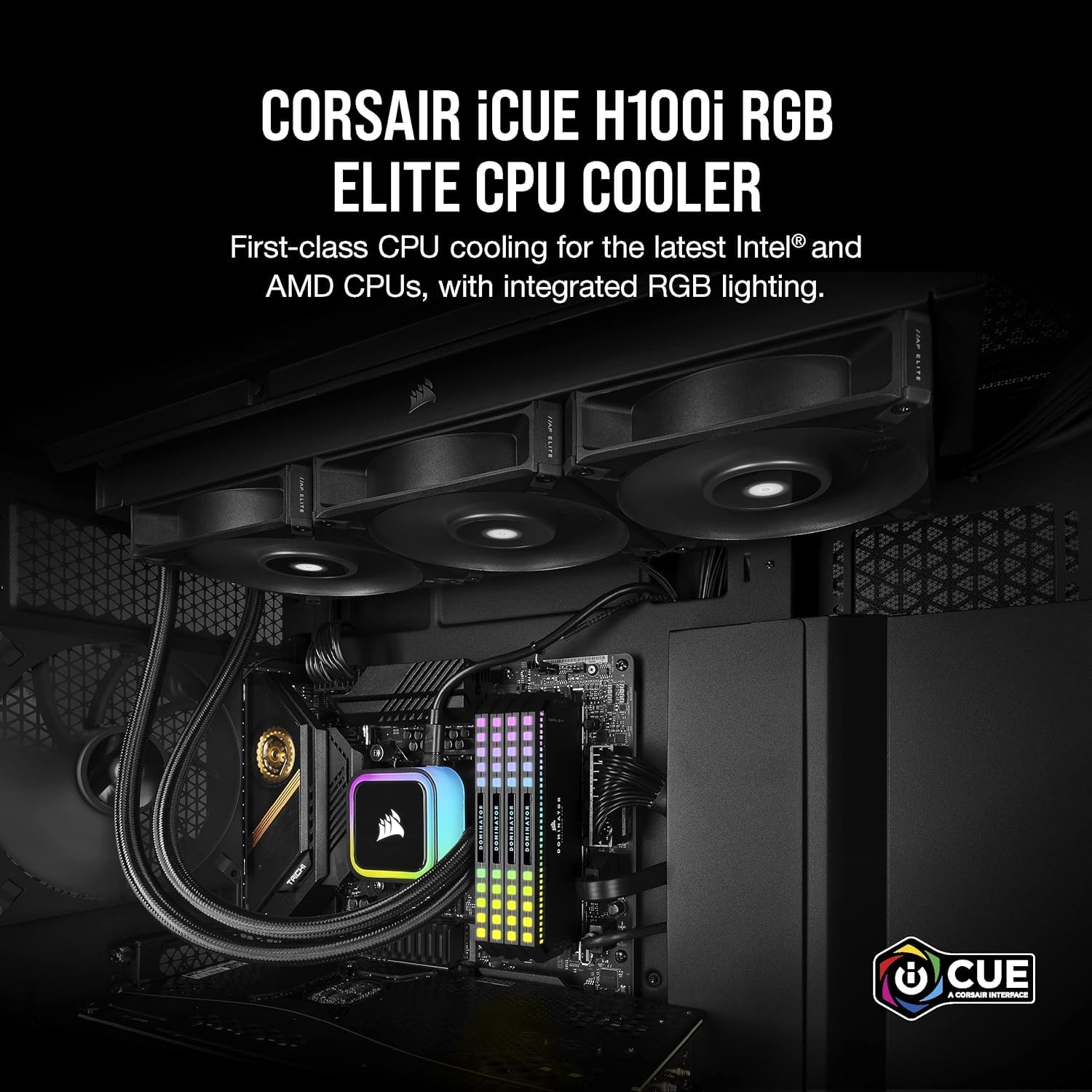 Corsair iCUE H100i RGB Elite, CW-9060058-WW, Liquid CPU Cooler (16 Dynamic RGB LEDs, 120mm AF Elite Series FDB Fans, 240mm Radiator - Black (Renewed)