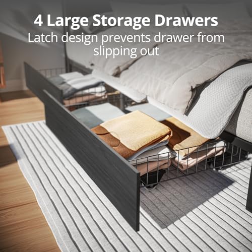EVASTAR Queen Bed Frame with Storage Headboard and 4 Drawers, Metal Platform Bed Frame with Charging Station, Easy Assembly, Black