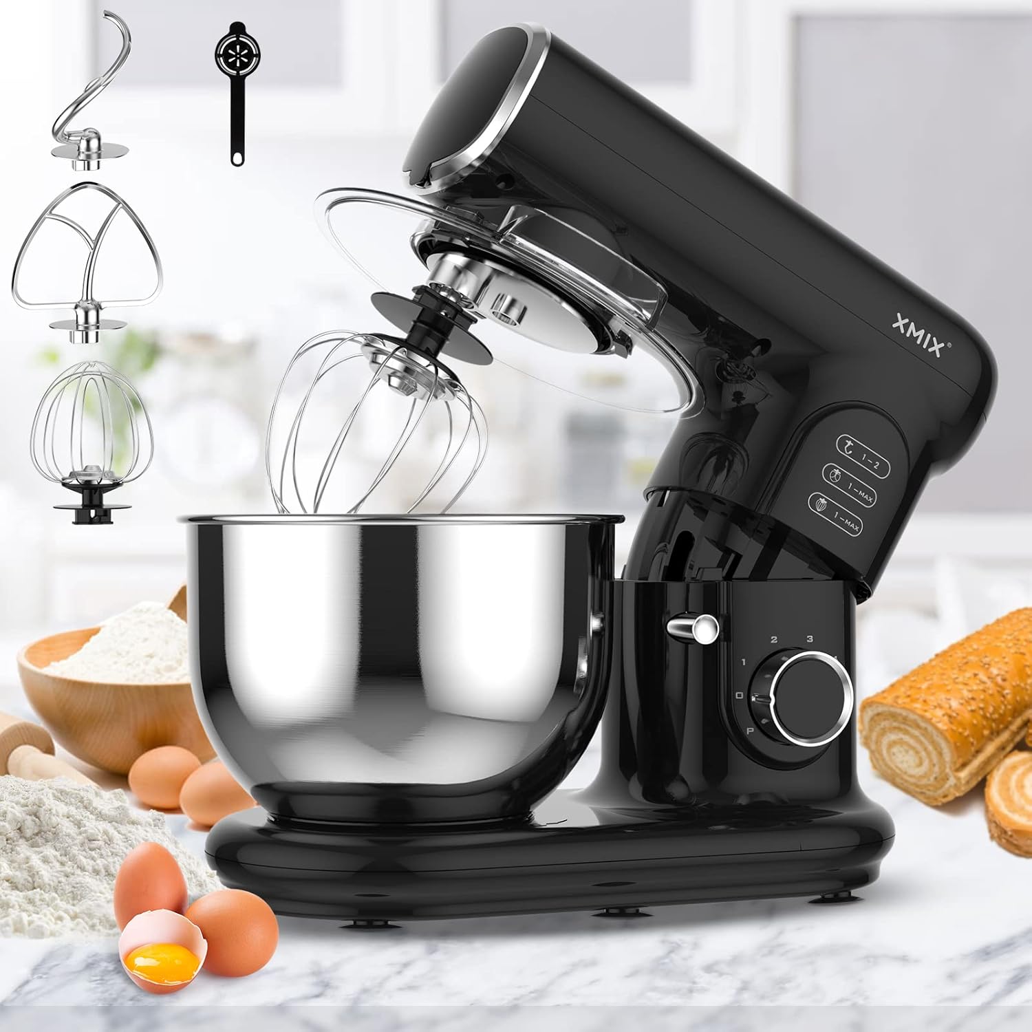 XMIX Stand Mixer, 6-Speed Electric Mixer 500W Tilt-Head 5-Qt Cake Mixer Stainless Steel Bowl, Household Kitchen Dough Mixer with Whisk Beaters Dough Hooks & Egg Separate Silver Grey