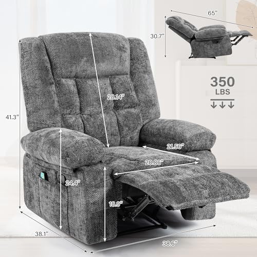 Recliner Chair for Adults with Massage and Heat, Breathable Fabric Reclining Chair with Side Pockets, Comfy Living Room Single Sofa Chair, Dark Grey