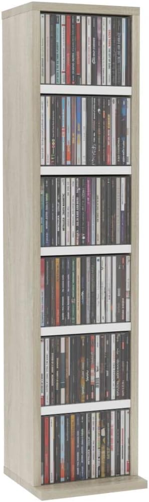 Keyur Media Cabinet, Media Storage Tower Cube Storage Shelf CD Cabinet White and Sonoma Oak 8.3"x9"x34.6" Chipboard Pack of 2