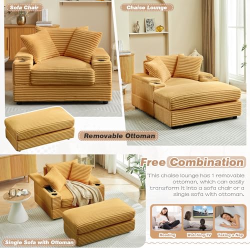 Oversized Chaise Lounge Chair Indoor with Ottoman,43.3" W Corduroy Upholstered Modern Sofa Couch with Storage Spaces&Cup Holder,Comfy Reclining Sleeper Chair for Living Room,Office(Green)