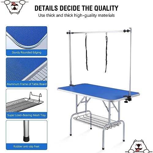 Dog/Pet Grooming Table Foldable Height Adjustable - 42-inch Portable Dog Grooming Table with Arm Noose & Mesh Tray, Maximum Capacity Up to 300lbs, Dark Blue