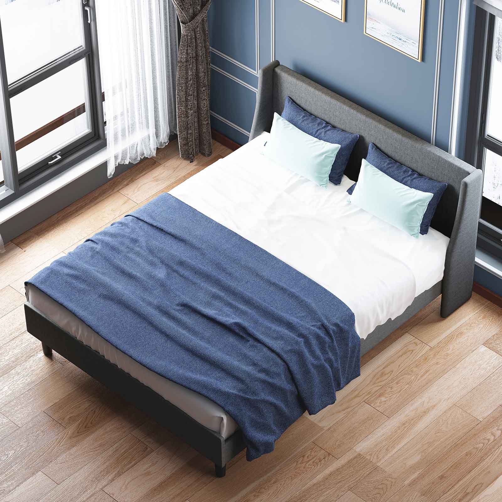 CECER King Size Bed Frame, Modern Bed Frame with Upholstered Headboard & Broad Wingback Wooden Slat Support, No Box Spring Needed - Dark Grey