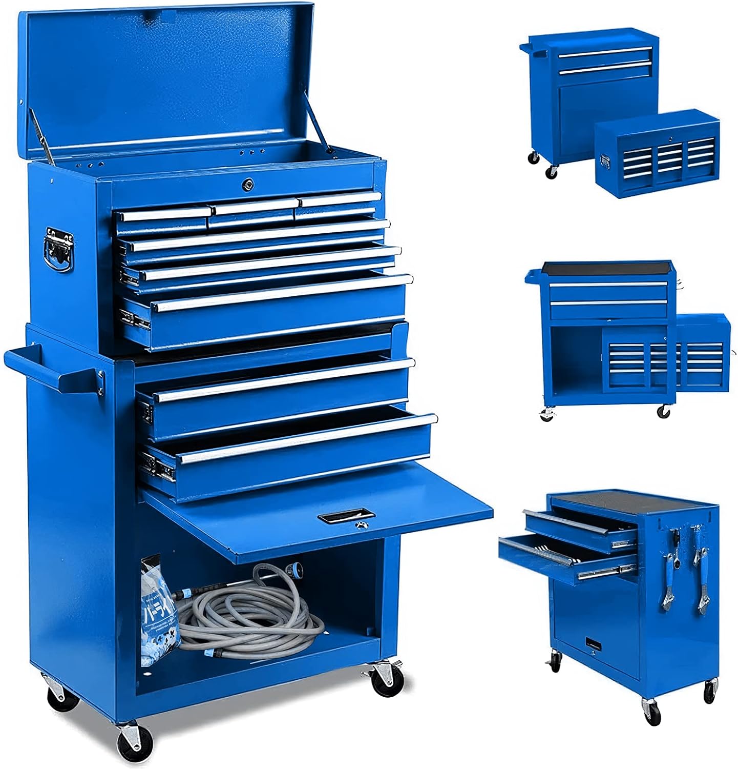8-Drawer Big Rolling Tool Chest Organizers, Removable Tool Storage Cabinet and Top Chest with Drawers and Lock, Portable Tool Box with Wheels for Warehouse,Garage,Repair Shop (Blue)