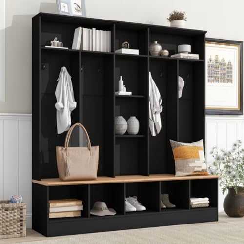 72" H Wide Design Hall Tree with Storage Bench, Minimalist Shoe Cabinet with Cube Storage & Shelves, Multifunctional Coat Rack with 8 Hooks for Entryways, Mudroom, Black