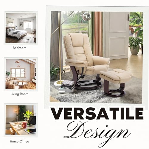 JC Home Argus Swivel Recliner with Ottoman, PU Leather & Wood Base Reclining Chair with Footrest, Ultra-Plush Double Foam for Living Room, Bedroom and Office