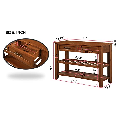 Console Sofa Table with 2 Storage Drawers and 2 Tiers Shelves, Mid-Century Style 42'' Solid Wood Buffet Sideboard for Living Room Furniture Kitchen Dining Room Entryway Hallway, Antique White