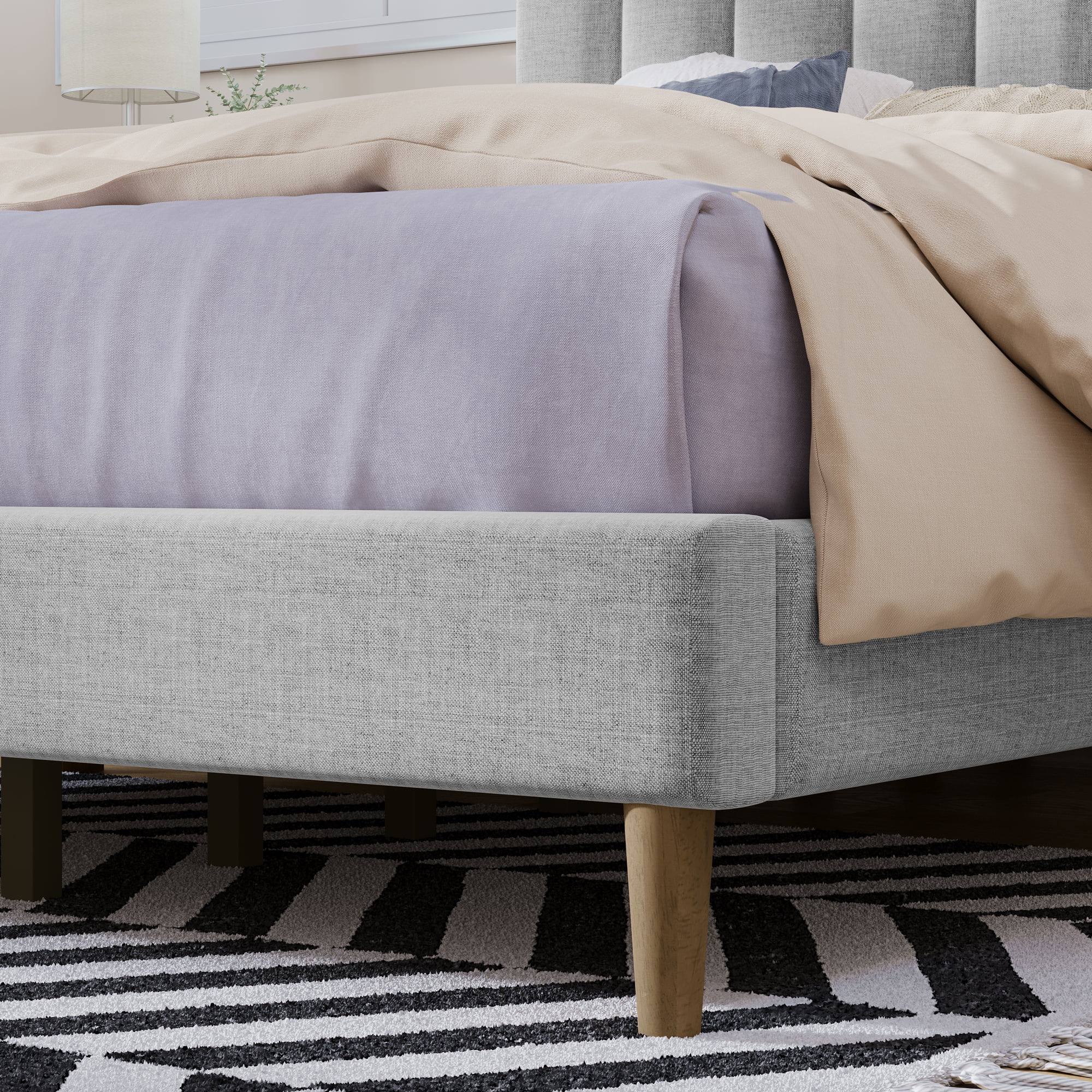 Queen Size Platform Bed Frame with Linen Vertical Channel Tufted Headboard and Wooden Slats Support, Fully Upholstered Mattress Foundation, No Box Spring Needed, Easy Assembly, Gray
