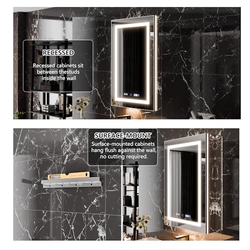 Smart Lighted Medicine Cabinet with Mirror, 24" x 36" LED Medicine Cabinet Mirror for Bathroom with Built-in High-Power Outlet, Stepless Dimming & Anti-Fog, Right Hinge
