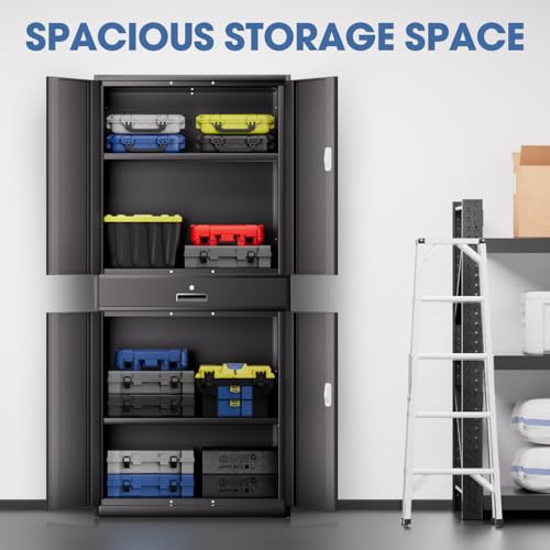 DNA MOTORING 71'' Metal Storage Cabinet, Locking Tool Cabinet with 1 Drawer and Adjustable Shelves, Lockable Heavy Duty Metal Locker for Garage,Office,Home,Gym, Gray, TOOLS-00629-GY-GY-A