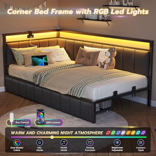 DICTAC Corner Full Bed Frame with 2 Storage Drawers and Charging Station Full Size Platform Bed Frame with Led Lights and Upholstered Guardrail Daybed for Living Room, Bedroom and Guest Room, Gray