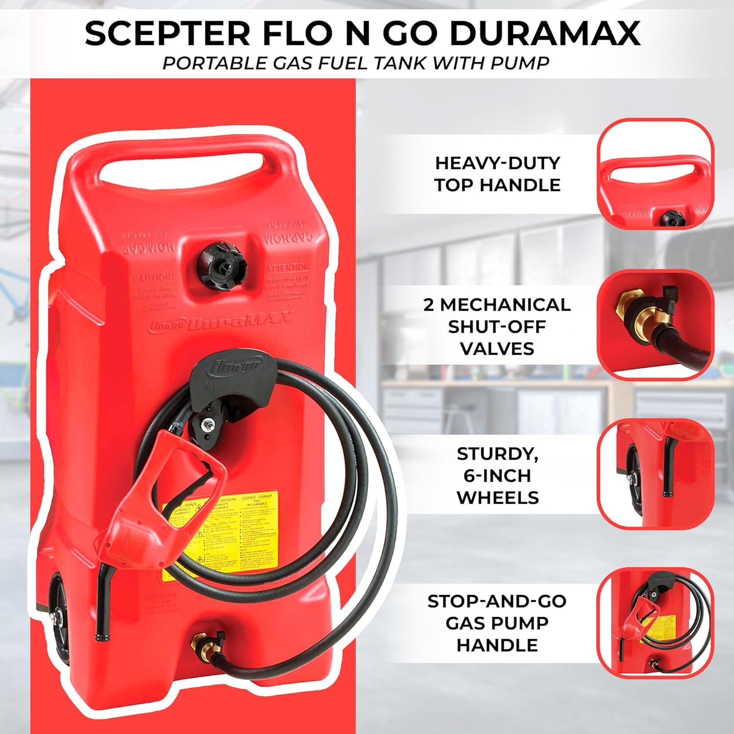 Scepter 14 Gallon Portable On Wheels Gas Fuel Tank Container with LE Fluid Transfer Siphon Pump and 10 Foot Long Hose, 2 Pack, Red
