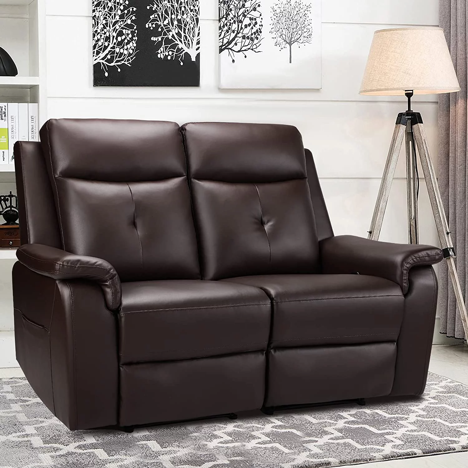 PU Leather Reclining Sofa - Manual Double Recliner Loveseat with Massage & Heating - 2-Seater Home Theater Seating for Living Room, Reading Room, Bedroom (Brown)