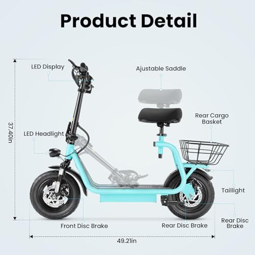 Caroma Peak 800W/1200W Electric Scooter Adults, 30 Miles Max Range, Foldable Electric Scooter with Seat, Front Suspension, Detachable Large Basket,Commuter E-Scooter for Adult and Teens