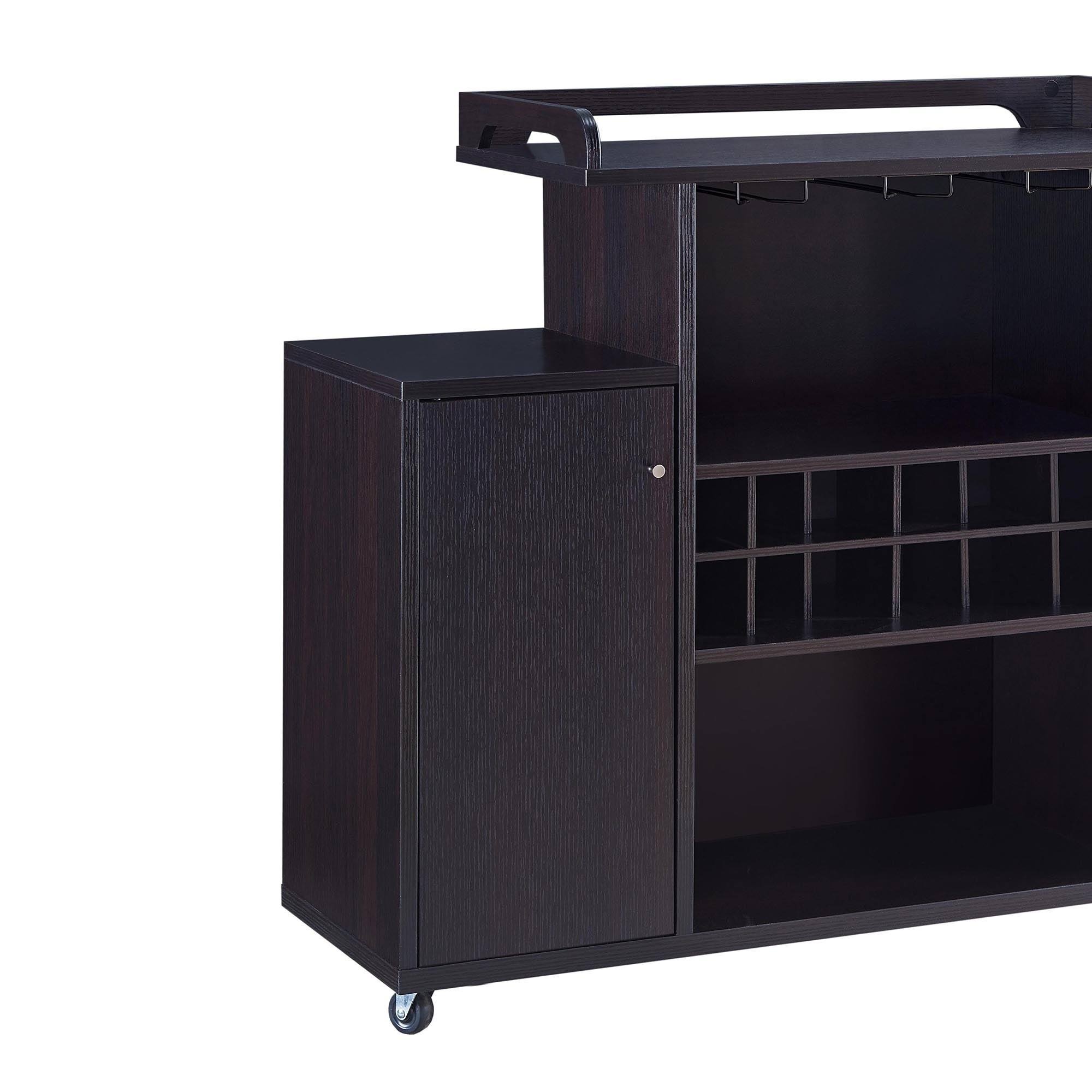 Benjara BM214715 Casters Supported Wooden Buffet Cart with Wine Rack and 1 Door Cabinet, Brown