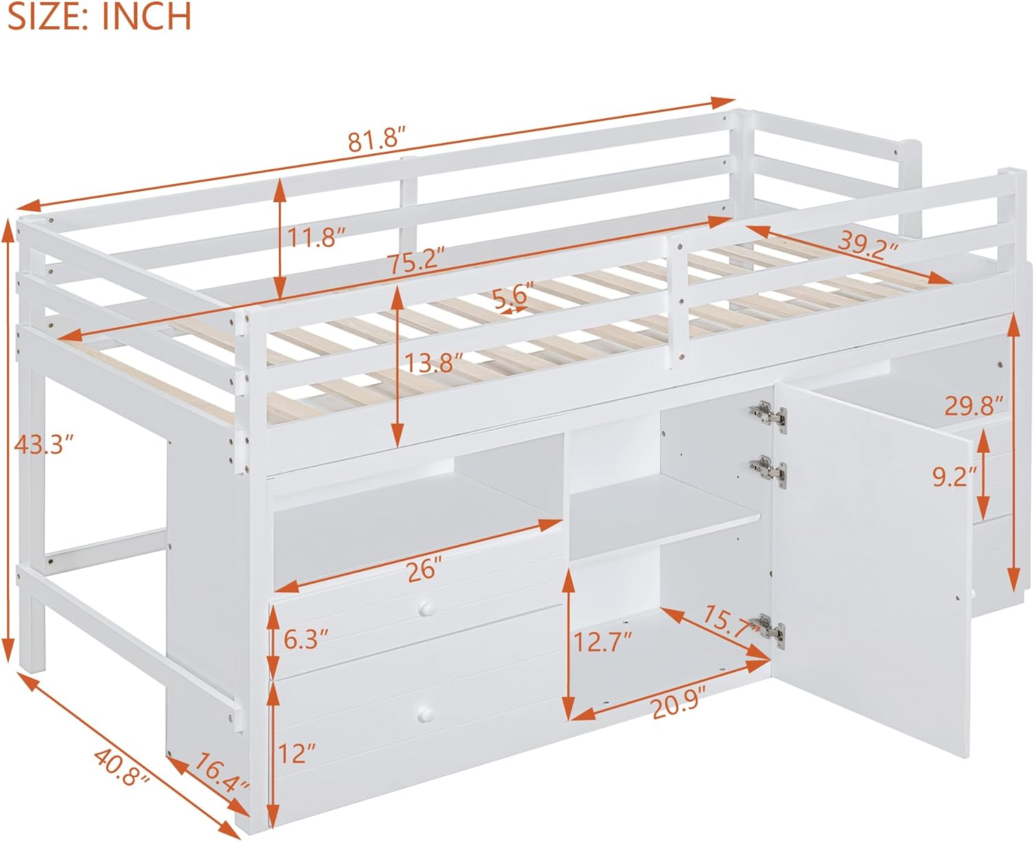 Twin Size Kids Loft Bed with Storage Underneath, Wooden Low Loftbed Frame with 4 Drawers, Cabinet, Shelves and Ladder, Space Saving Bedframe for Boys Girls Teens, White