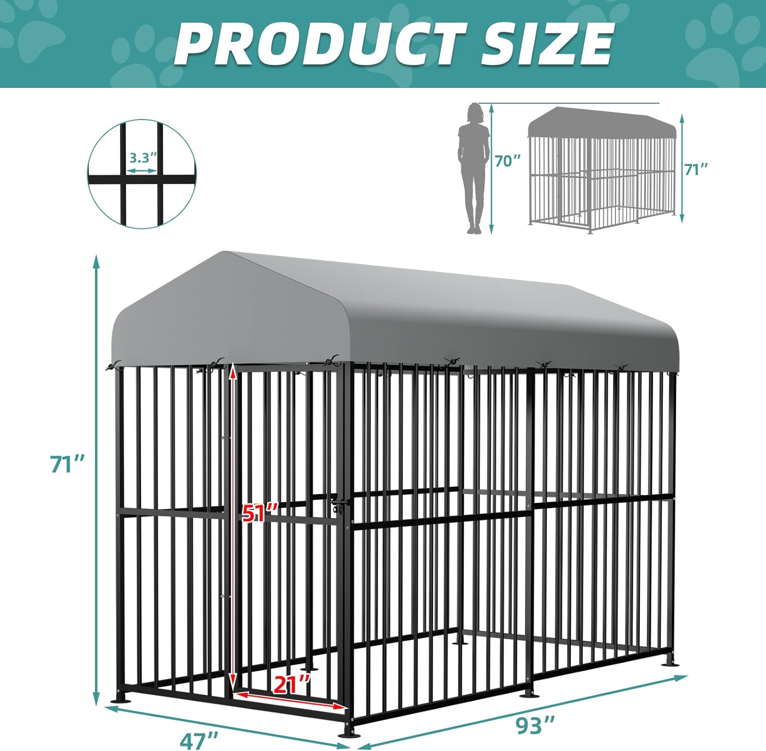 MEETWARM Large Outdoor Dog Kennel, Metal Heavy Duty Outdoor Indoor Pet Playpen, Anti-Rust Outdoor Dog Fence Dog Pens with Anti-UV & Waterproof Top Cover and Secure Lock for Backyard, 4'L x 8'W x 6'H