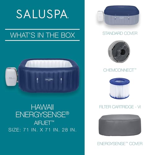 Bestway SaluSpa Hawaii AirJet 4 to 6 Person Inflatable Hot Tub Square Portable Outdoor Spa with 140 AirJets and EnergySense Energy Saving Cover, Blue