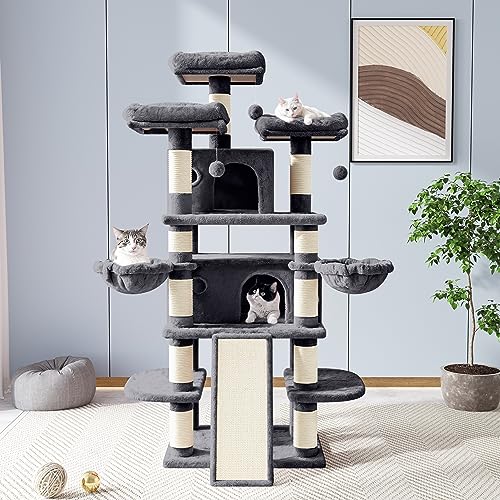 Allewie 68 Inches Cat Tree/House and Towers for Big Feline/Scratching Post/Multi-Level Large Kitty Climbing Tree with Condo/Smokey Grey