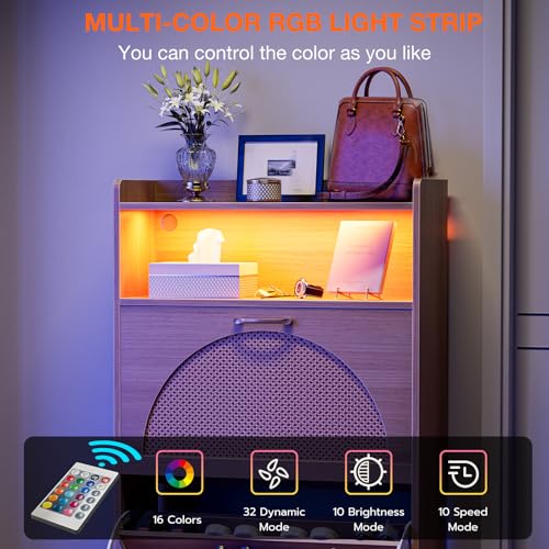 LED Rattan Shoe Storage Cabinet with 2 Flip Drawers,Freestanding Narrow Shoe Organizer Rack Slim Wood for Entryway,Foyer,Hallway,Living Room,Natural